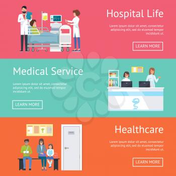 Hospital life, medical service and healthcare web page design with descriptions of clinical services. Vector with doctors, patients and equipment