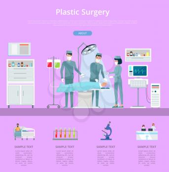 Plastic surgery description with team of doctors and nurses conducting operation. Vector illustration with hospital surgery room on pink background