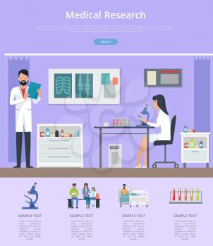 Medical research description on purple background. Vector illustration with doctor and nurse working with microscope in hospital laboratory