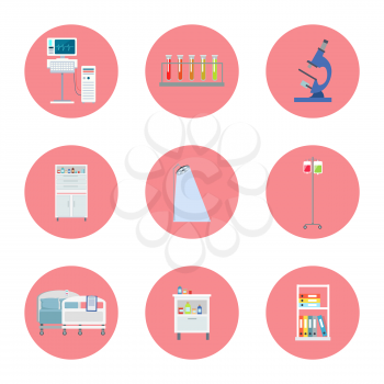Hospital equipment icons set on red, microscope and bulbs, light and monitors, bed and drop-bottle on vector illustration isolated on white