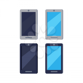 Modern Cellphones flat style vector icons set isolated on white background. Electronics with touch screen. Smartphones or tablets illustrations for applications, logos or web design
