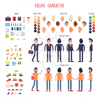 Man character generator with male figure from different sides view, emotions, hair styles, skin colors, business and casual clothing, different accessories for work, rest and sport vector illustration