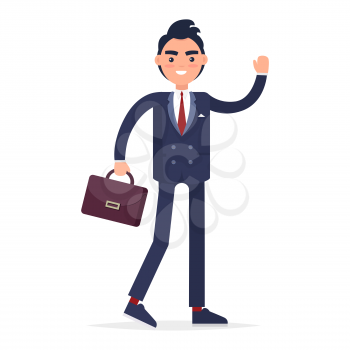 Smiling businessman with leather bag isolated full length portrait. Vector illustration in flat style with white background of office employee in good mood with waving hand and wearing dark suit.