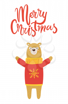 Merry Christmas banner congratulation from bear on white background. Vector illustration with animal dressed in red knitted sweater with sewn snowflake