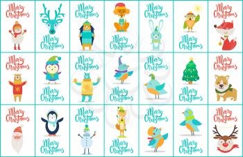Merry Christmas, big collection, images of animals wearing warm clothes, Santa Claus, snowman and birds accompanied with headlines vector illustration