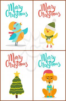 Merry Christmas with images of birds wearing hats and scarves, dog dressed in blue sweater and evergreen tree with star on its top vector illustration