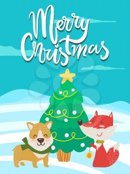 Merry Christmas poster congratulations fox playing yo-yo and dog in green scarf near decorated xmas tree outdoors. Vector smiling animals greeting card