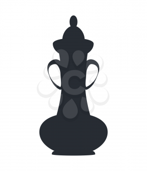 Tall clay ancient Greek vase with narrow neck and two long handles connecting lip to wide body black silhouette isolated illustration on white