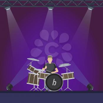 Musician performs at concert. Cartoon man in black T-shirt plays drums at stage with purple lightening vector illustration.