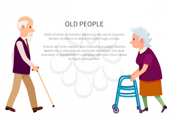 Old people banner with grandpa holding walking stick and grandma with helping walkers vector illustrations isolated on white. Retired people in cartoon style