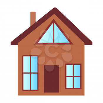 Cottage house with big windows of rectangular and triangular shapes, attic floor and chimney pipe isolated vector illustration on white background.