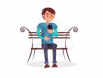 Young guy sits on wooden bench with swirls and uses modern black smartphone isolated flat vector illustration on white background.