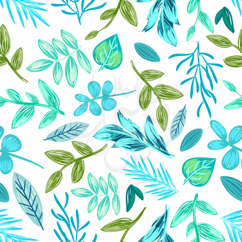 Drawn plants seamless pattern in pencil on white background. Vector illustration variety of herbs and flowers in green and blue colors endless texture