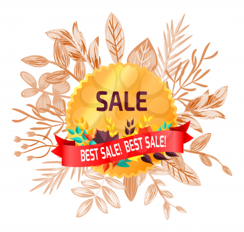 Best sale, poster with golden sticker, red ribbon and lot of different leaves, composition on vector illustration isolated on white