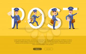 Post conceptual web banner with cartoon postman characters. Funny postal couriers delivering letters and parcels flat vector illustration. Horizontal concept with mailman for mail service landing page