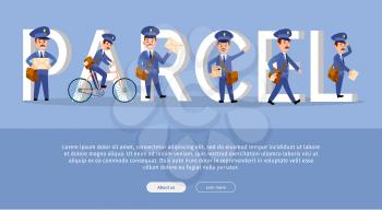 Parcel conceptual web banner with cartoon postman characters. Funny postal couriers delivering letter and parcel flat vector illustration. Horizontal concept with mailman for mail service landing page
