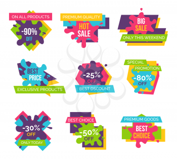Set of price labels with percent sign and text vector total sale on all products -90 , premium quality hot deal, big discounts only this weekend