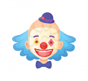 Smiling man wearing makeup vector, clown with hat and blue hair isolated face of person, performer in circus, character with smile, smiling male flat style