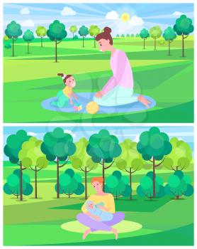 Mother playing with baby in park, mom holding and feeding newborn. Parent and child relaxing outdoor on mat, smiling people outdoor, motherhood vector