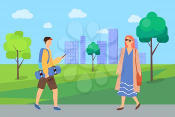 Pedestrians man and woman going in urban park, portrait view of people in casual clothes, cityscape of buildings and trees, walking outdoor vector