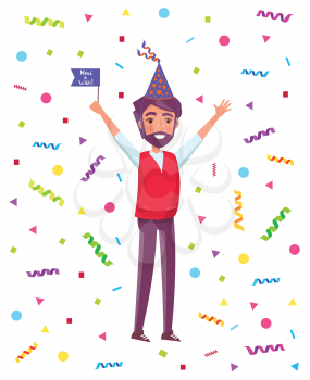 Bearded man in cartoon cone shape hat with raised up hands greeting everyone isolated on backdrop with confetti stripes and circles. Male with flag on party