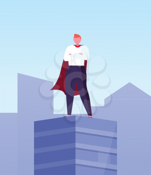Leader in superhero cloak on top of skyscraper in city center. Vector business hero, superhuman big boss, commercial businessman on roof with hands on chest