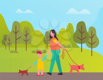 Woman and boy walking with pet in green spring forest. Vector mother and son with dogs on leash among trees and bushes, people with animals outdoors