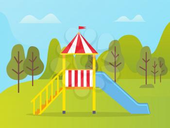 Playground decorated by colorful slide with red stripes, green trees and mountain landscape, activity outdoor, empty place, kindergarten flat design vector