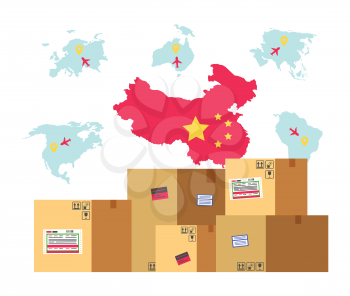 Cargo and China map with flag vector, location pointers and flights destinations, parcels with goods and production made in Asian country flat style