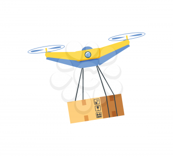 Flying drone with cardboard package, flat design style of modern equipment with hanging box, cargo wireless multicopter, helicopter innovation vector