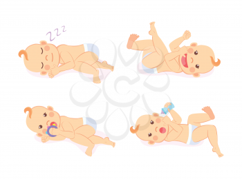 Baby set vector, isolated kid wearing diaper playing with bottle flat style. Child smiling and sucking thumb, childhood character sleeping and laying