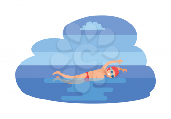 Butterfly swimming man in sea. Swim styles strokes performance, sportsman smiling and training. Person with goggles, sport exercises isolated vector