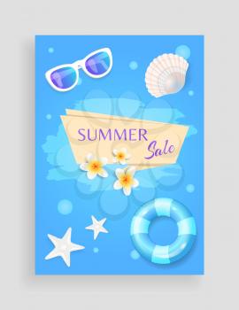 Summer sale shaped ribbon, vector banner leaflet sample. Inflatable ring and sun glasses, seashell and starfish, exotic flower isolated on round spots