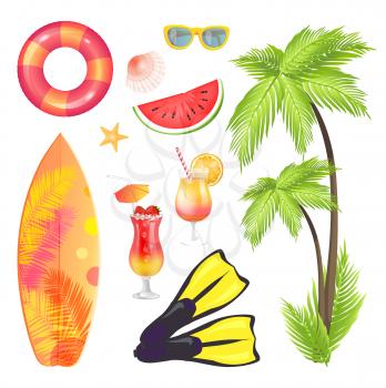 Palm tree and surfing board isolated icons set vector. Flippers part of swimming suit, cool beverage with straw and umbrella. Sunglasses and lifebuoy