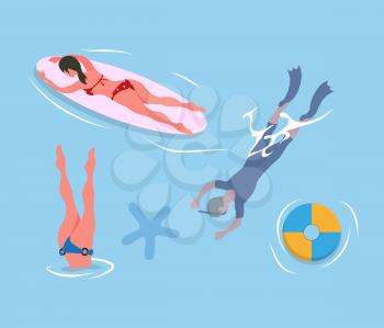 Woman diving legs up, man in flippers and mask, lady suntanning on surfboard, inflatable ring and sea star in blue waters. People resting at seaside, summertime
