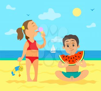 Children eating on beach vector, summer vacations of kids. Girl with ice cream frozen dessert holding toy in hand, boy enjoying big watermelon fruit, summertime