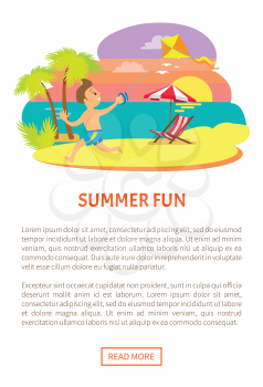 Summer fun, boy running along beach coastline with wind kite, sunset and relaxation by seaside, exotic tourism. Sunbed on coastline. Website or webpage template, landing page flat style, vector