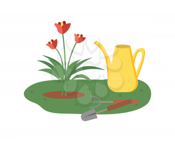 Plant and tools vector, flower isolated watering can and instrument for maintenance of flora, blooming eco herb, blossom of spring on field flat style