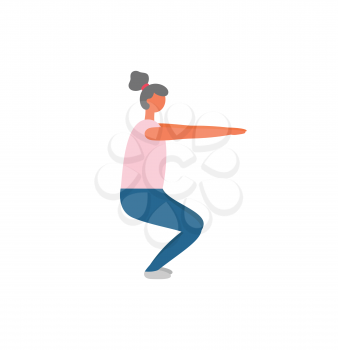 Workout and fitness training, woman doing squats vector. Legs and buttoks muscles pumping, healthy lifestyle and sport exercise, isolated female character