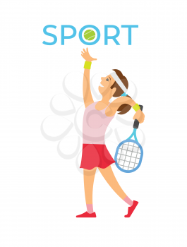 English sport vector, woman playing tennis flat style. Person wearing uniform and hat holding racket and hitting ball, sport and active leisure hobby