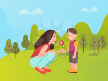 Smiling boy giving present to mother vector people in cartoon style. Little son and young woman outdoors in green park with trees. Spending time together at spring