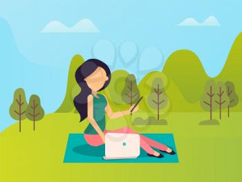 Woman sitting on mat with laptop and phone, portrait view of female with wireless equipment. Person working outdoor with gadgets, green nature vector