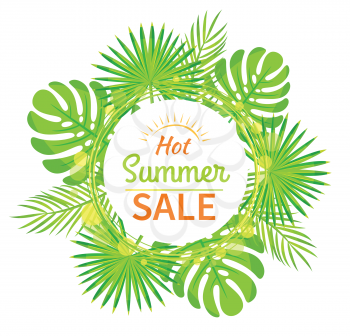 Seasonal discount isolated icon, summer sale emblem, palm leaves vector. Special offer, shopping and price reduction, exotic foliage, tropical greenery