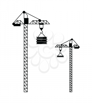 Standing crane with load suspended on hook, building equipment with rope and cargo, modern machine technology for high construction, transportation vector