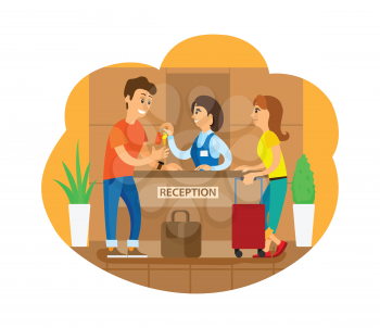 Tourists on reception vector, man and woman standing by counter with baggage. Couple traveling together, accomodation in hotel, guest house receptionist