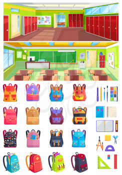 High school interior. Hall with lockers. Classrooms with chalkboard and desk. Set of colorful backpacks and supplies isolated vector illustration. Back to school concept. Flat cartoon