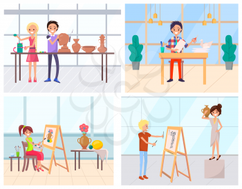 People art education, making application, painting and crafting. Handmade hobby of man and woman, worker drawing, cutting and sculpting indoor vector. Flat cartoon. Modern office or art school