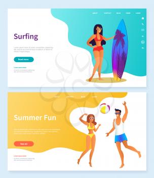 Man and woman playing ball on beach, person standing with surfboard. Surfing and summer fun, coast adventure, activity on water, leisure vector. Website or webpage template, landing page flat style