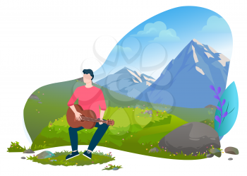 Man sitting on meadow and playing the guitar. Male musician and mountain landscape on background. Hiking and summer recreation concept vector illustration. Mountain tourism. Flat cartoon