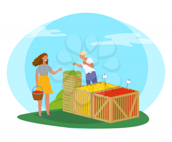 Woman buying products in market vector, summer fair with organic food and meal. Fruits from farmers, salesperson with juicy vegetarian snacks flat style. Picking apple concept. Flat cartoon